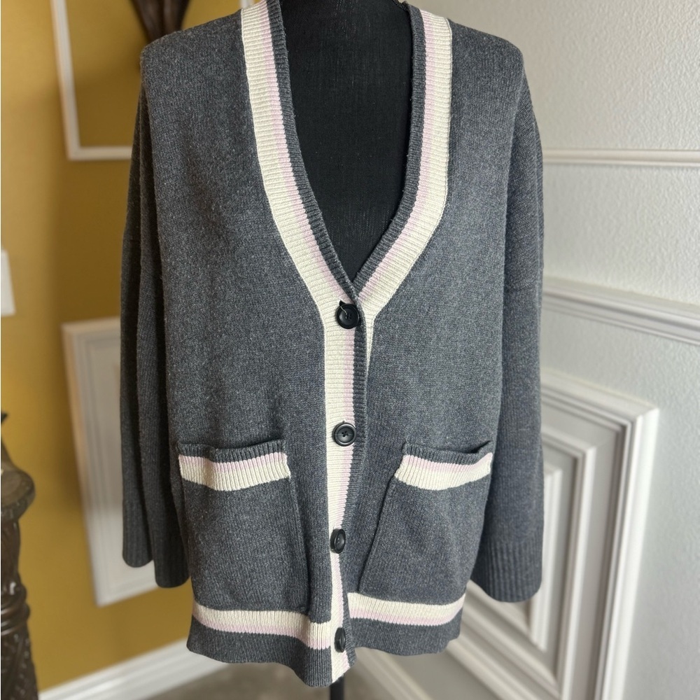 Gray Cardigan Sweater with Cream and Pink Accents